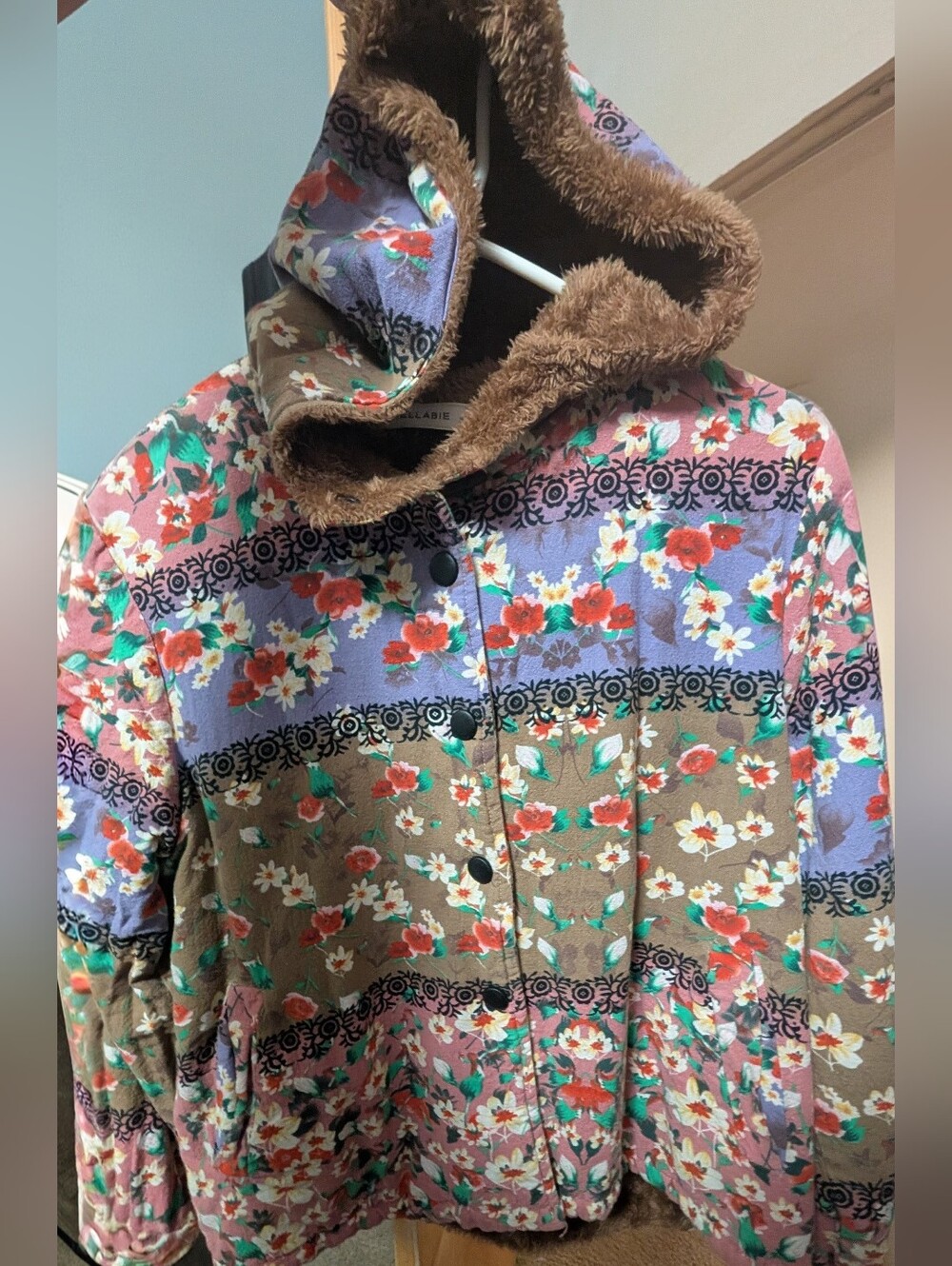 Floral Multicolor Hooded Jacket with Faux-Fur Trim